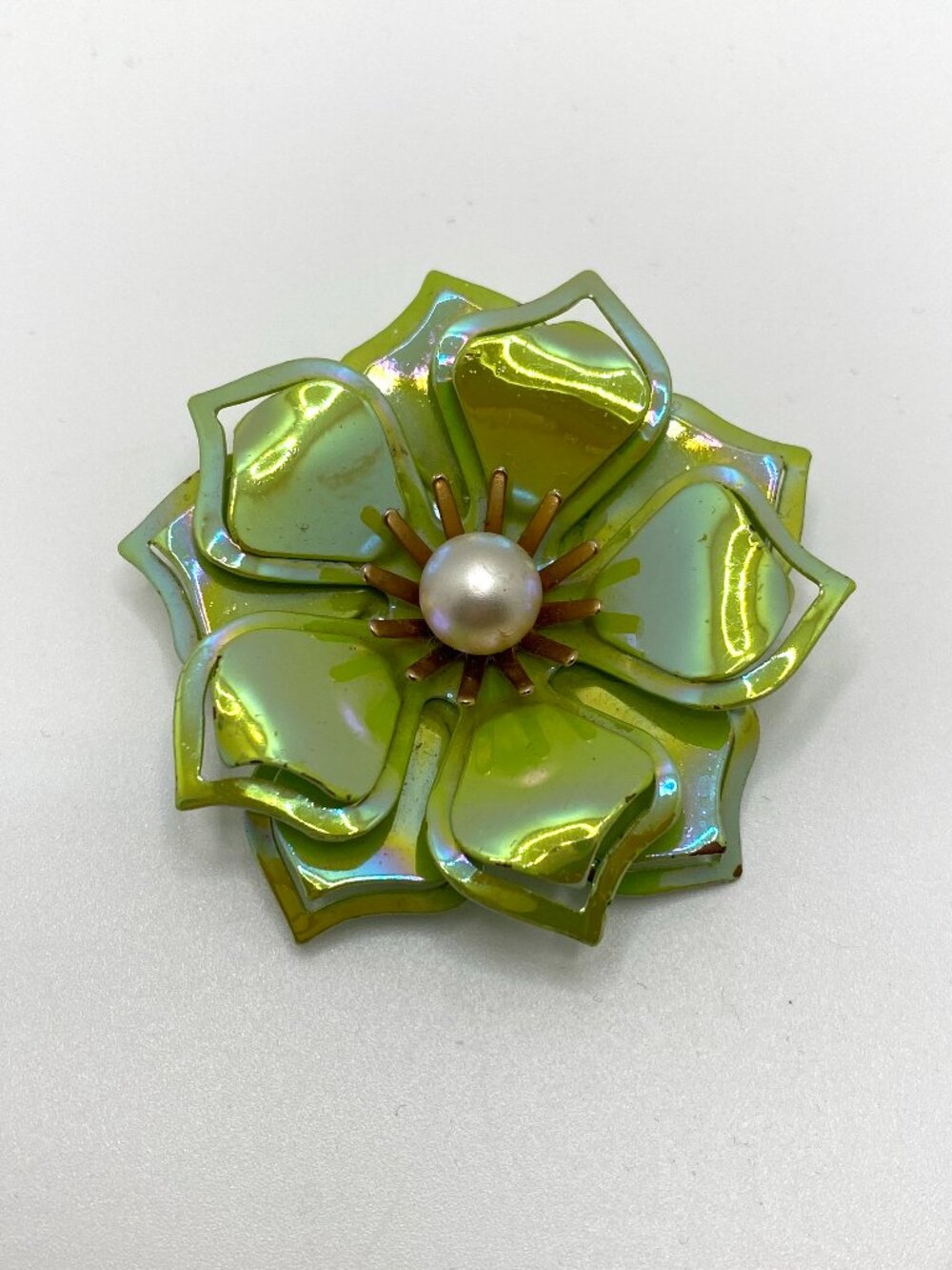 Vintage 1960s Green Iridescent Cutout Enamel Flower Brooch Pearl MCM Gold Retro